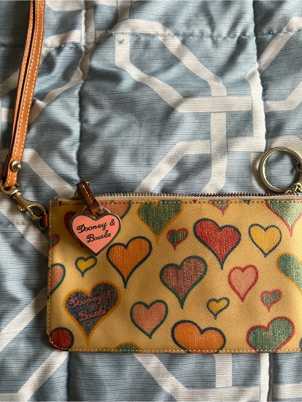 Dooney & Bourke Yellow Heart Print Wristlet with Tan Strap
